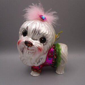 Frou Frou Maltese Dog Ornament Glass Resin With Pink Feathers Jewel Accents GUC